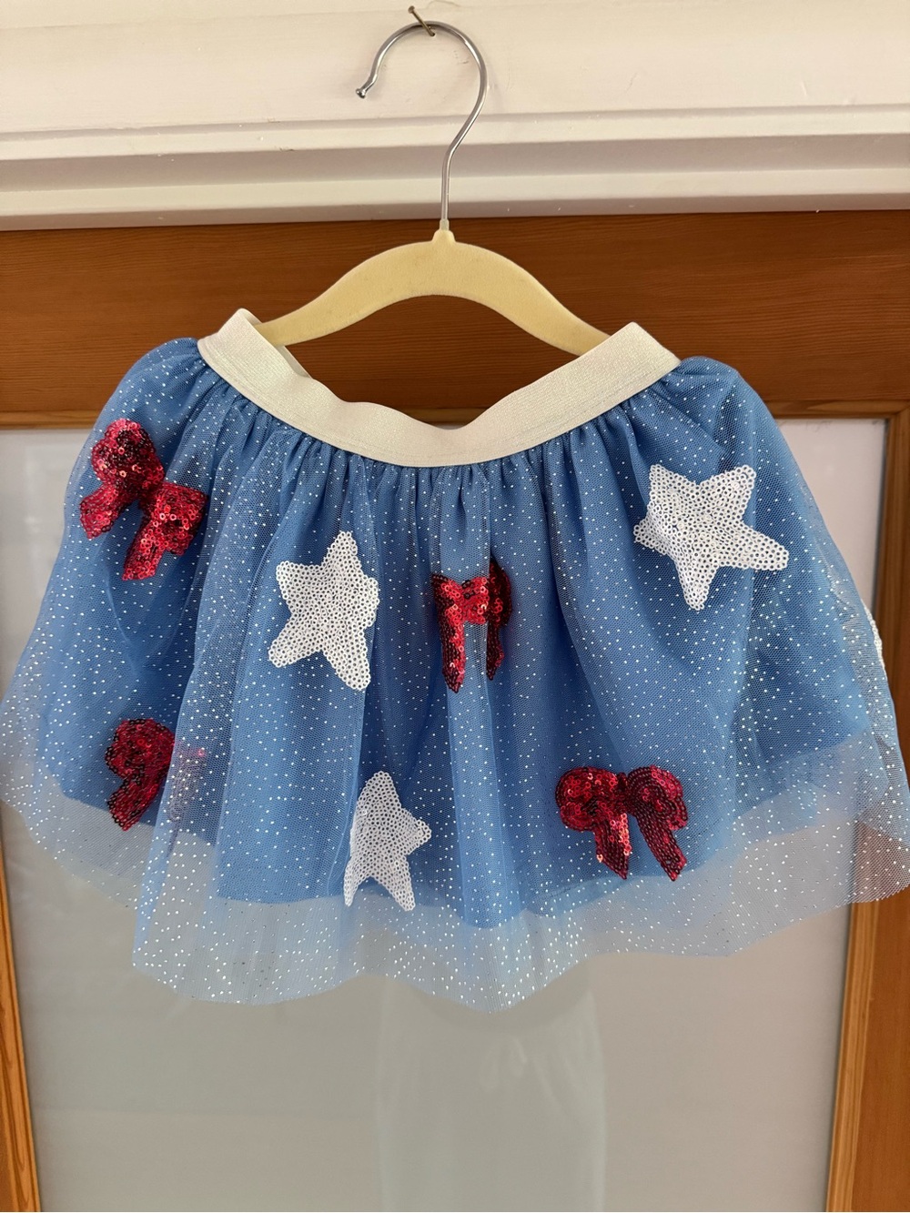 Blue Tulle Skirt with White Stars & Red Sequin Bows